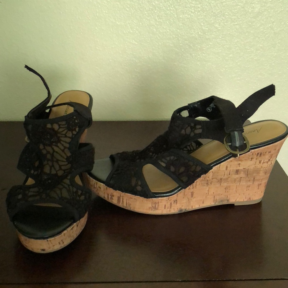 Lace detail black cork wedge